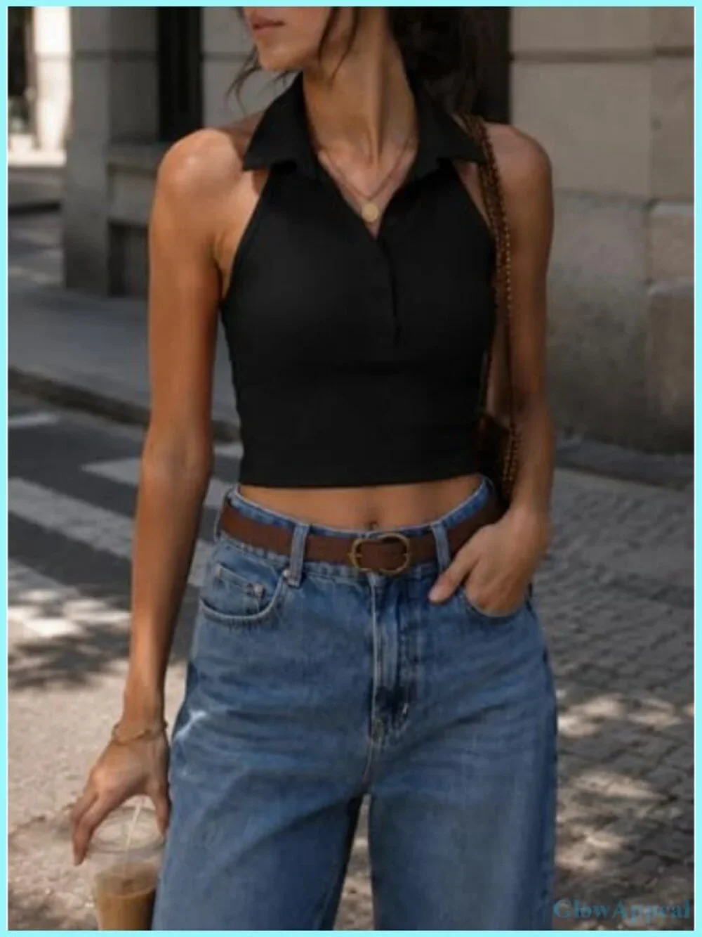 Halter Crop Top Backless Sleeveless Ribbed Knit Tank Polo Collar Button Front